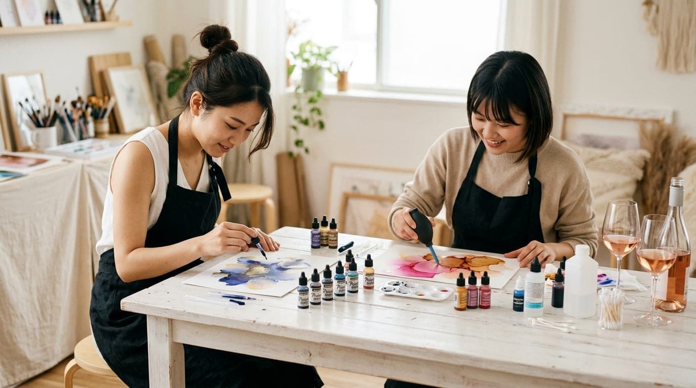 アルコールインク paint and sip class at Artbar Tokyo